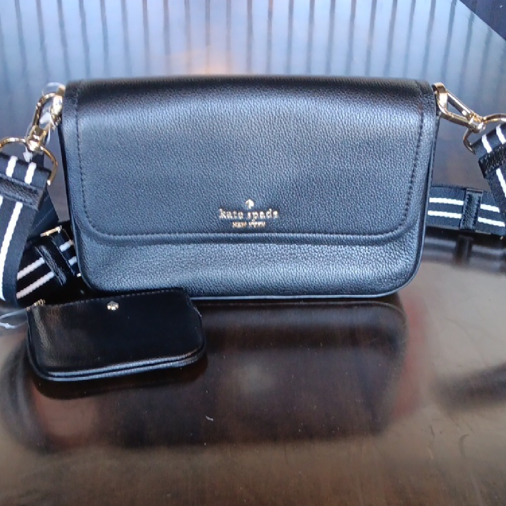 Kate Spade Black Crossbody Bag with Striped Strap